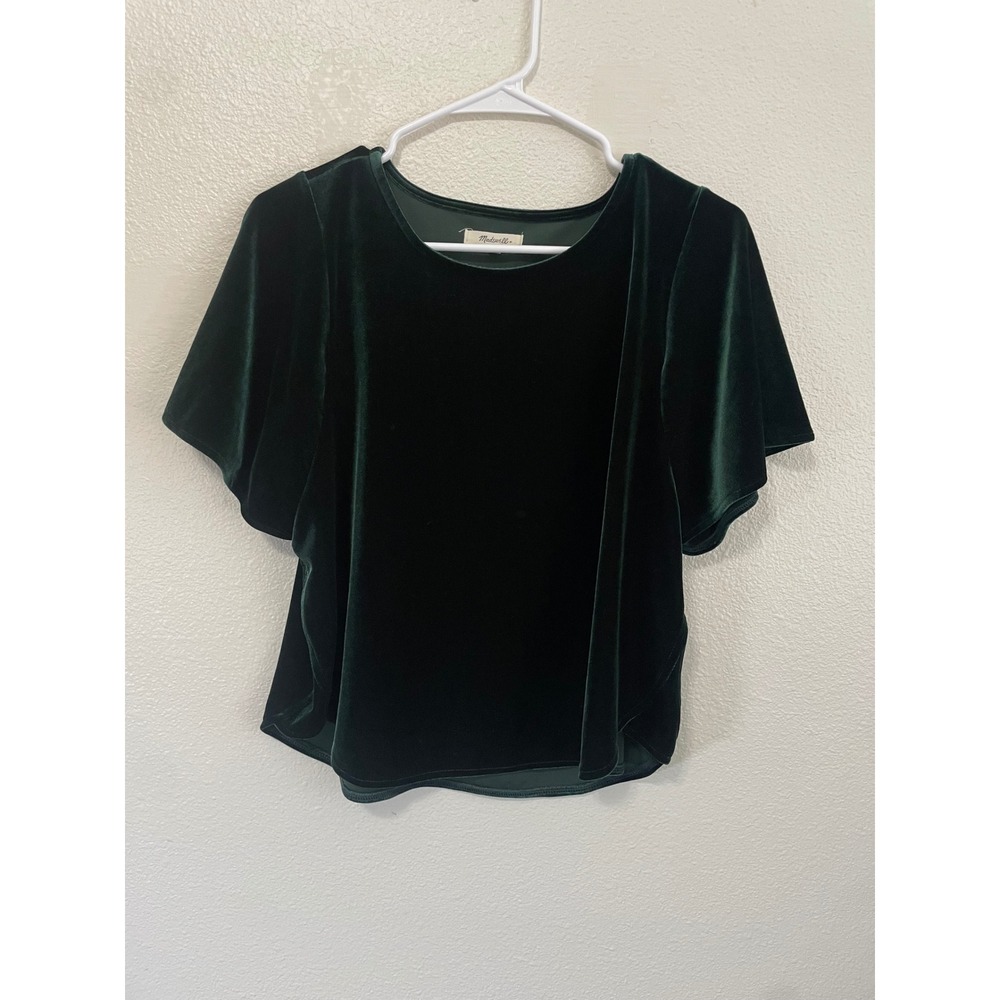Madewell Velvet Top Women Small Green Excellent Flutter Sleeve Round Neck Top